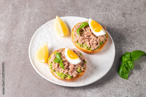 Toast with Canned Tuna. Fish open sandwich with egg and avocado. 