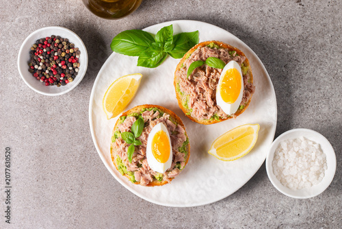 Toast with Canned Tuna. Fish open sandwich with egg and avocado. 