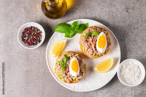 Toast with Canned Tuna. Fish open sandwich with egg and avocado. 