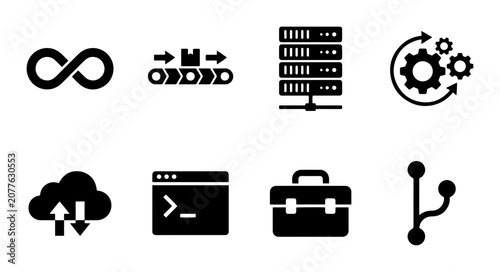 Bild auf Leinwand Software Development Icons, DevOps Workflow Symbols, Server Technology Graphics,