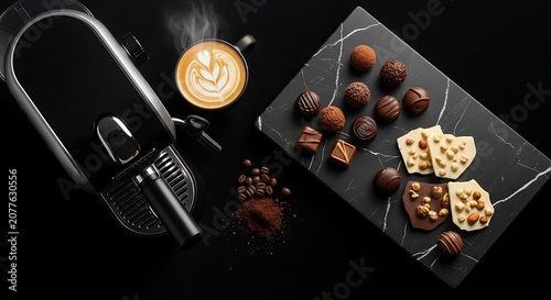 Coffee machine, steaming latte, chocolates, coffee beans on black background