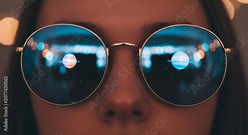 Close-up of person's face with planet reflection in round glasses.
