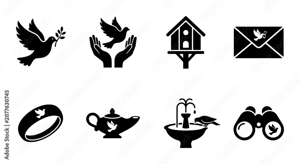 Fototapeta premium Peace Dove Icons, Symbolizing Hope and Freedom. Vector Set for Communication, Love, and Serenity