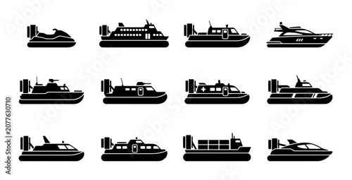 Canvastavla Hovercraft and Yacht Icons, Watercraft Collection, Modern Marine Transport Vecto