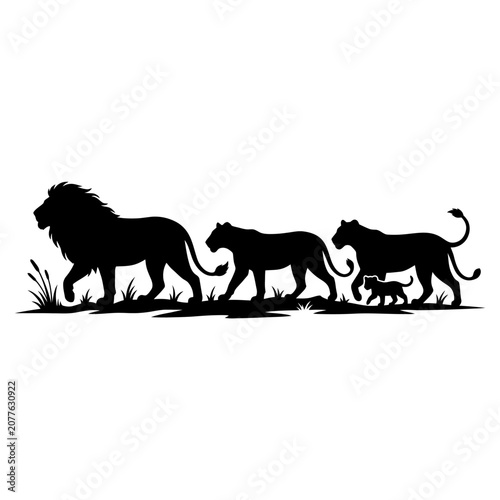 Photography Lion family, walking lions, black silhouettes, wildlife vector, animal icons iso