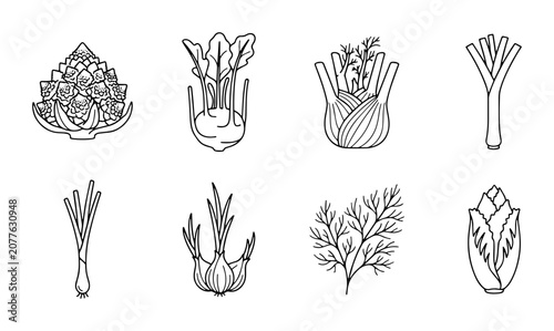 Foto 8 Vegetables linear icon set artichoke kohlrabi fennel leek, UI and web interfac