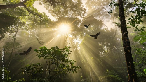 Sunlit Tropical Forest with Birds Flying Through Lush Green Trees