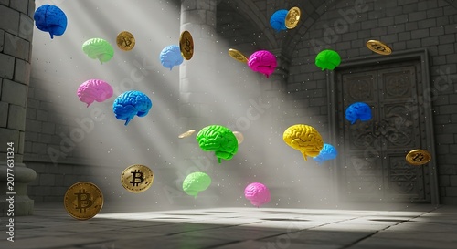 Colorful brains and Bitcoin coins float in a mysterious stone room