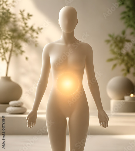 Glowing stomach fullness concept in calm minimal figure