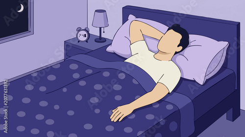 Canvastavla Insomnia at night, man unable to sleep in bed, 2:48 AM on alarm clock
