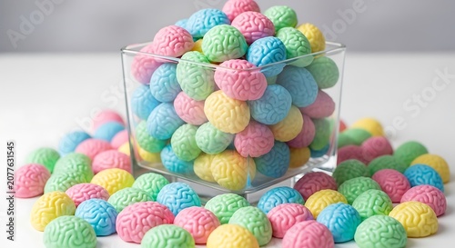 Colorful brain-shaped candies overflowing from glass container