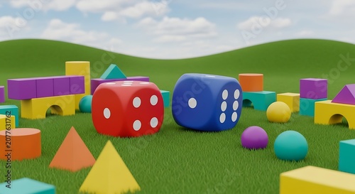 Colorful dice and building blocks on green hills under blue sky