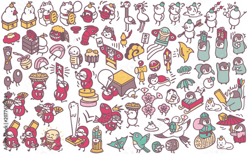 年賀状素材　正月イラスト　縁起物　ダルマ　縁起物　鏡餅