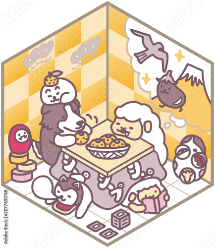 年賀状素材　羊と犬　正月イラスト　コタツ　アイソメトリック　デザイン