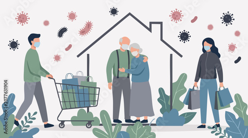 Foto Family in masks helping senior couple with groceries during virus pandemic