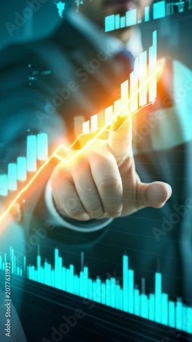 A businessman in a suit interacts with a digital financial graph. The concept highlights investment, growth, analytics, and futuristic business technology, ideal for finance and business themes.
