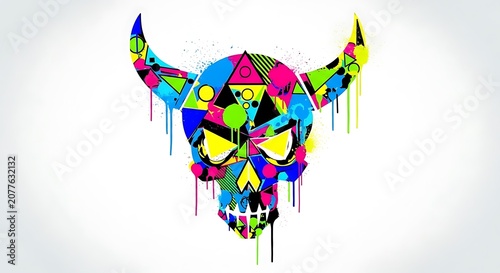 Colorful geometric skull with horns and paint splatters illustration