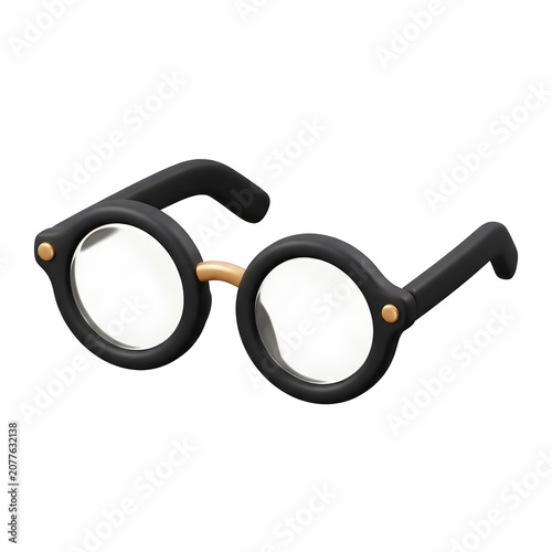 3D round eyeglasses icon with black frame and golden bridge isolated