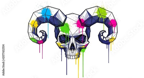 Colorful geometric skull with ram horns and dripping paint splatters