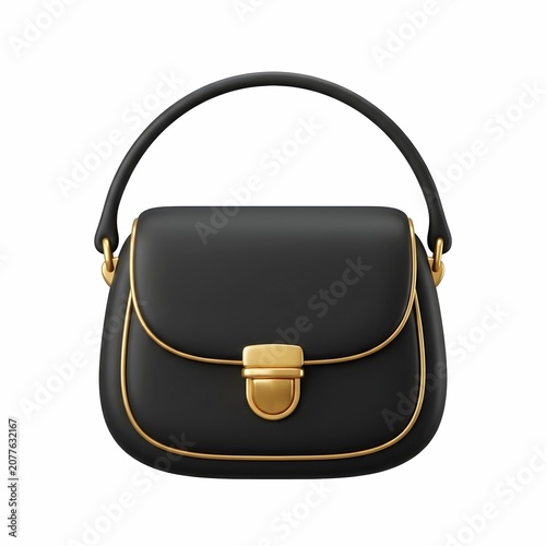 Elegant 3D black leather handbag icon with golden metallic clasp and trim