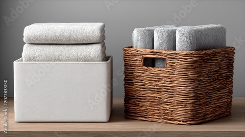 Natural spa bathroom setup with rolled towels in canvas bin, candlelight, and bamboo plant.