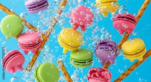 Colorful macarons and pretzel sticks floating in bubbly blue liquid