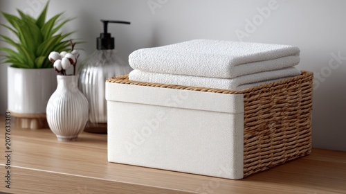 Stacked fluffy towels on a white ceramic storage box next to a wicker basket with toiletries and green plants. Minimalist bathroom decor, organized home interior, spa-like atmosphere, and Scandinavian