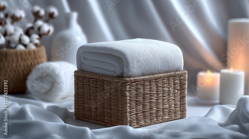 Stacked fluffy towels on a white ceramic storage box next to a wicker basket with toiletries and green plants. Minimalist bathroom decor, organized home interior, spa-like atmosphere, and Scandinavian