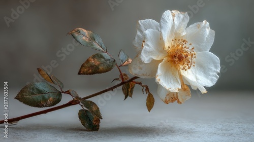 Withered white rose with dried leaves on a wooden table. Sad, nostalgic, and melancholic mood, symbolizing lost love, death, grief, and the passage of time.