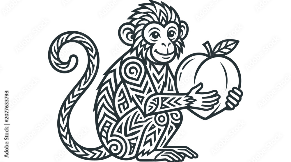 Fototapeta premium Monkey holding a large peach fruit.