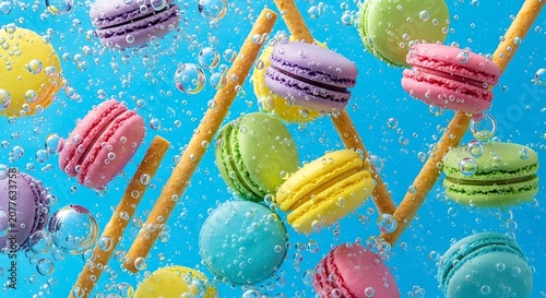 Colorful macarons and sticks floating in sparkling blue water with bubbles.