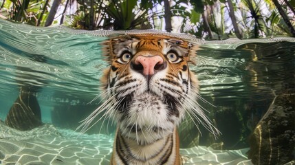 Tiger Swimming in Clear Water Jungle Scene