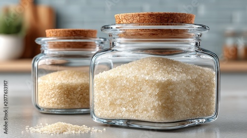 Glass storage jars with cork lids filled with white rice on a kitchen countertop. Minimalist pantry organization, zero waste living, and healthy bulk food storage concept.