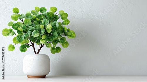 Potted green plant with round leaves in a speckled ceramic vase on a white surface. Minimalist still life, modern home decor, Scandinavian interior design, and nature aesthetic concept.