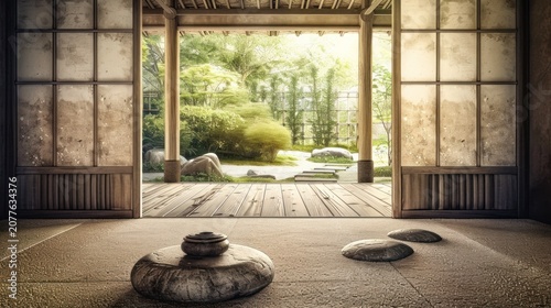 Traditional Japanese Zen Room with Stone Meditation Cushions and Garden View