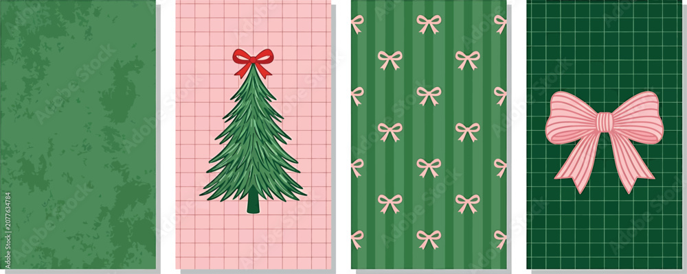 Obraz premium Set of christmas background patterns with pine tree, bows, and festive textures