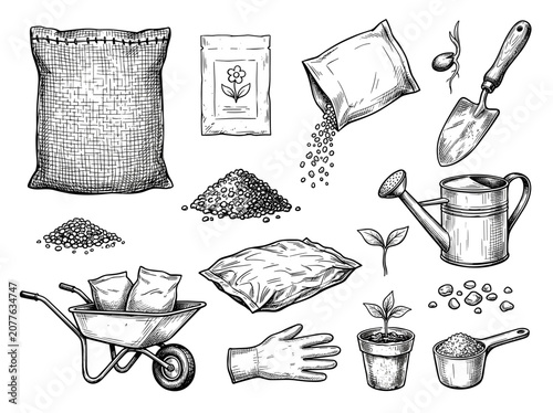 Garden tool and fertilizer bag vector sketch icon set for plant, hand draw ink illustration on white background