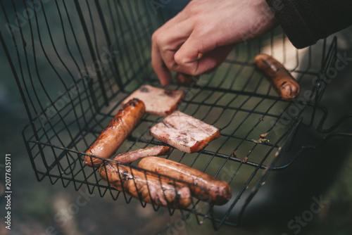 barbecue with meat on the grill