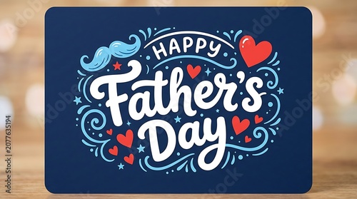 Happy Father's Day greeting card with decorative hearts and mustache on wooden table