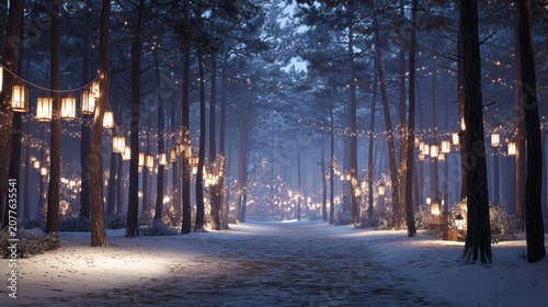 Winter Forest Path with Lanterns and String Lights Night Scene