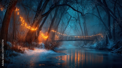 Winter Forest Scene with String Lights and Wooden Bridge at Night
