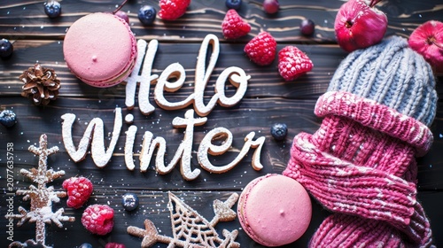 Winter Holiday Celebration with Pink Macarons Raspberries and Knitted Hat on Dark Wooden Surface