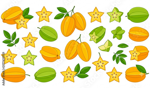 Принти на полотні Fresh carambola fruit collection flat vector illustration with tropical star fru
