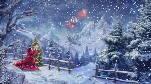 Winter Landscape with Snowy Mountains Pine Trees and Fireworks Night Scene
