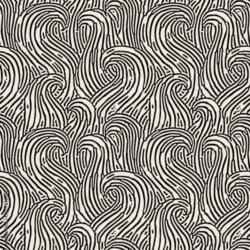 Vector seamless pattern. Stylised ocean waves. Hand drawn graphic sea waves. Tileable monochrome swatch. Stylish hand drawn surface design for wallpaper, fabric, wrapping paper.