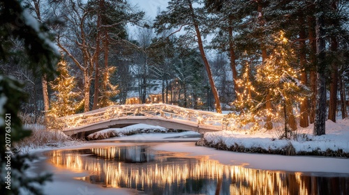 Winter Snowy Forest Scene with Illuminated Christmas Trees and Frozen River