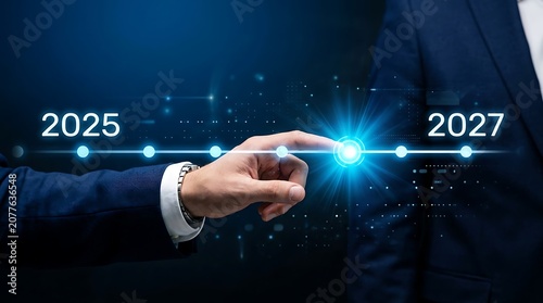 Businessman in suit interacts with futuristic timeline from 2025 to 2027, representing innovation and progress in technology and planning.