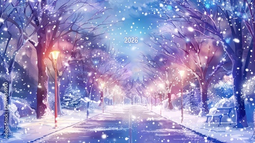 Winter Snowy Park Pathway with Illuminated Street Lamps and Snowfall in Twilight Scene