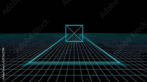 Abstract neon wireframe grid with floating cube in 3D cyberspace