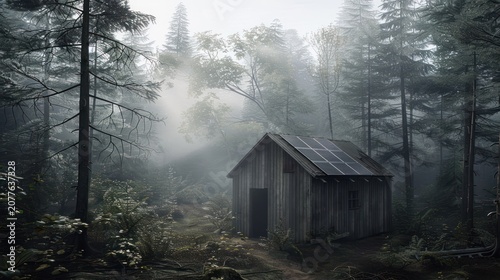 Wooden Cabin Surrounded by Dense Forest in Misty Atmosphere